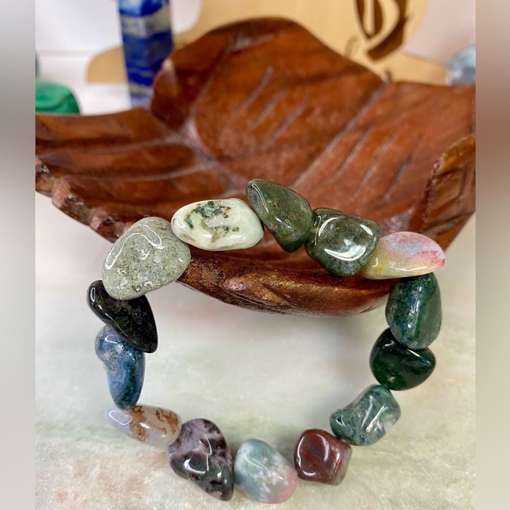 Natural Indian Agate Tumbled Stone Bead Unisex Stretch Bracelet